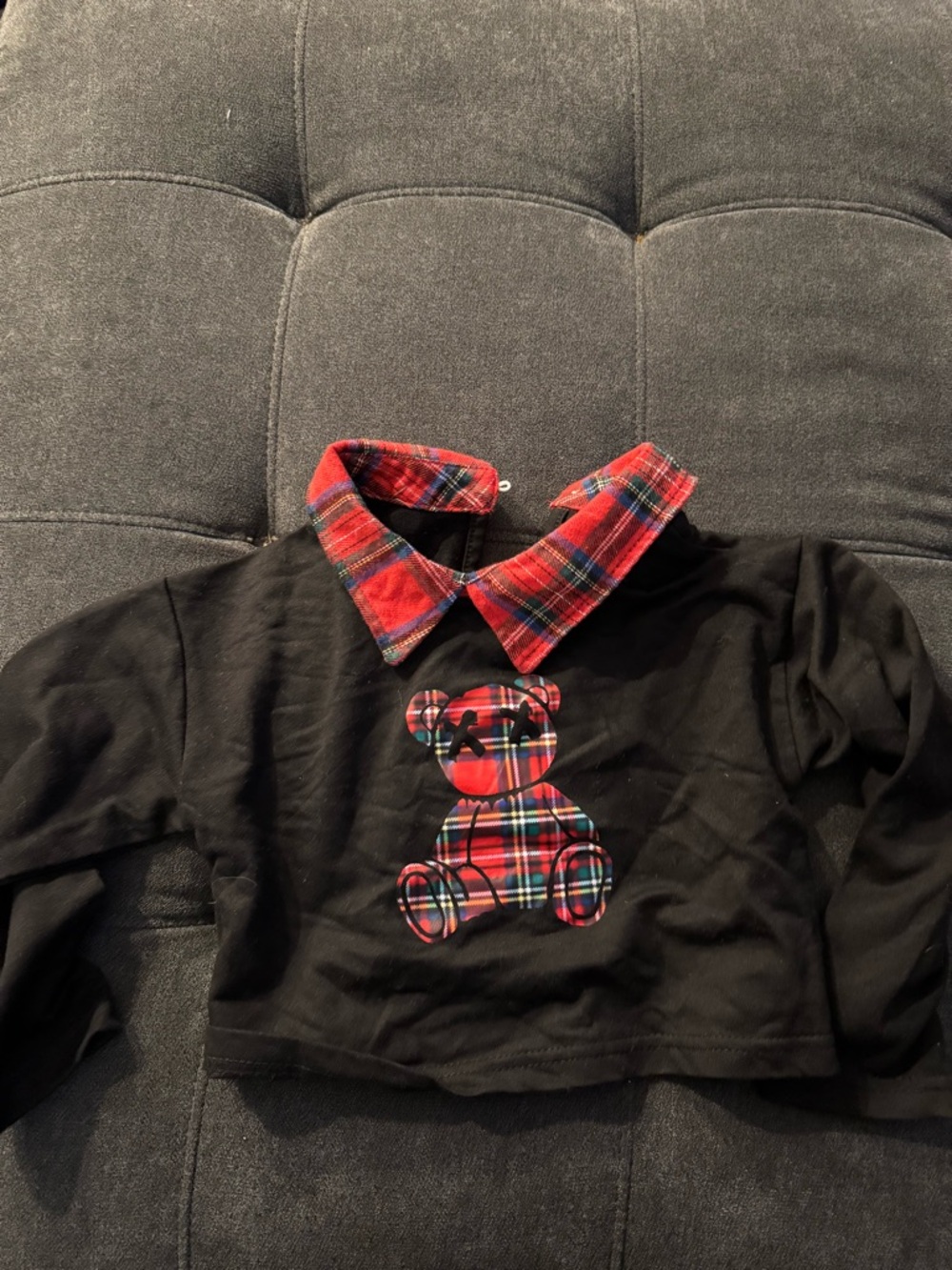 Black Top with Red Plaid Collar & Teddy Graphic
